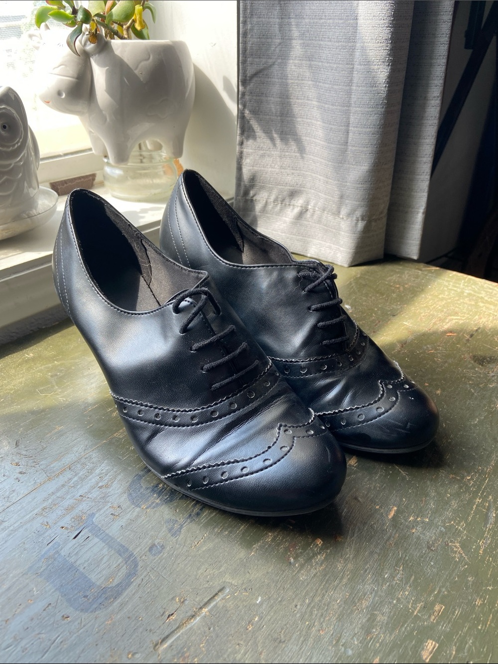 Black Leather Wingtip Lace-Up Heels